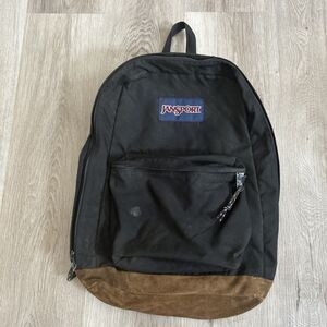 Jansport Originals Backpack Suede Leather Bottom Black Book Bag Worn VTG READ